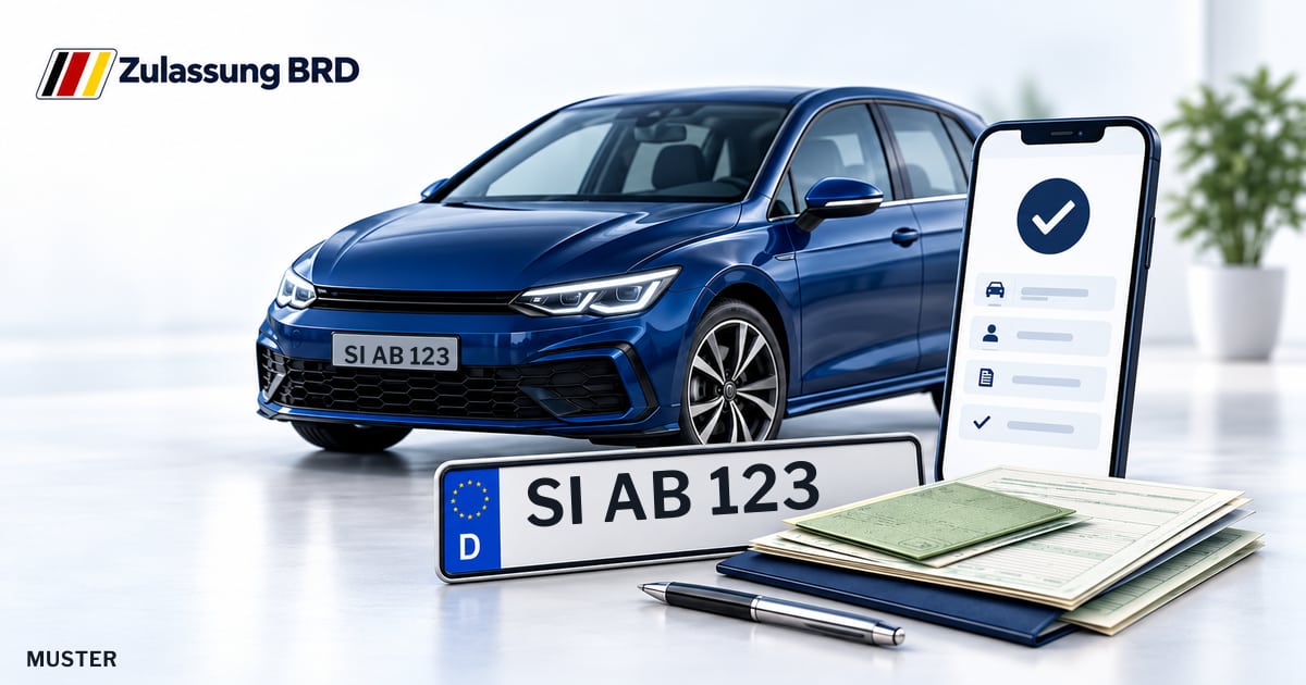 Online Fahrzeugzulassung in Freudenberg: Musterkennzeichen SI AB 123, Auto und Fahrzeugpapiere und Smartphone. Illustration mit Logo von Zulassung BRD.
